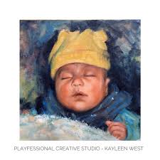 Oil painting a 8x8" canvas board portrait of my grandson