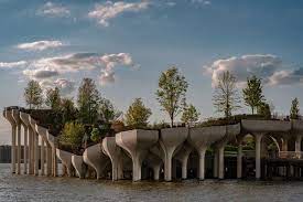 Aerial footage of pier 55, called little island on the hudson river, opening spring 2021, nyc. Elqqpobupnfnom