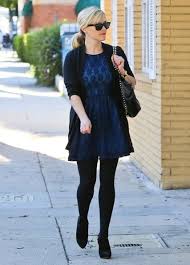 Black And Blue Outfits For Women Reese Witherspoon Photos Photos Reese Witherspoon In Beverly Hills 3 Lace Blue Dress Blue Dress Black Tights Navy Dress Outfits