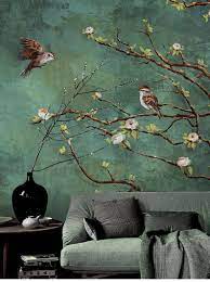 Vintage Dark Birds And Flowers Wallpaper Nature Wall Mural Floral Wall Art Wall Decal Dark Green Wall Sticke Dark Green Walls Floral Wall Art Wall Wallpaper
