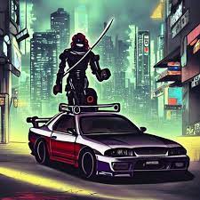 prompthunt: beautiful hyper-detailed artwork of a robot ninja warrior with  a sword, driving through the city, in a modified Nissan skyline r34,  cyberpunk, lo-fi