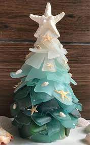 Simple blue + grey stockings. Seaglass Christmas With Trees Ornaments Garlands And More Beach Glass Crafts Coastal Christmas Decor Sea Glass Crafts