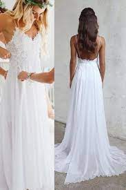 Spaghetti Strap Wedding Dress V Neck White Chiffon Wedding Gown Lace Appliqued Cheap Beach Wedding Dresses Beach Wedding Dresses Backless Online Wedding Dress