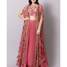 Designer Lehenga Choli With Long Shrug Outfit A well fitted orange georgette crop top with pleated sleeves and gota detailing on sleeves and neck and buttons. designer lehenga choli with long shrug outfit
