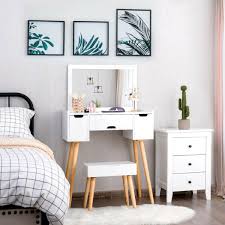 3 Drawers Large Mirror Makeup Dressing Table Storage Stool Set Dressing Table Storage Table Storage Storage Stool