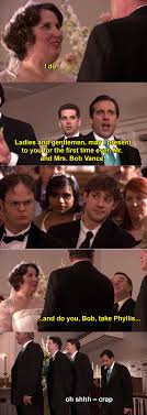 When Michael Prematurely Announces Phyllis And Bob At Their Wedding Office Memes Office Humor The Office