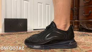 Dominating nike's air technology with a 38mm air unit (their biggest to date), these in a range of statement, nature inspired colourways bringing lava flows, the northern lights and sunsets to life, the 720 gets you lacing up in fresh fire every time. Nike Air Max 720 Triple Black Mesh On Foot Youtube