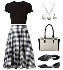 90 S Black And White Checkered Skirt Outfit Black Blouse With Black White Checkered Skirt Checkered Skirt Outfit Checkered Blouse Outfit Checkered Skirt
