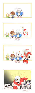 sharo0v0, flowey (undertale), frisk (undertale), papyrus (undertale), sans,  undertale, commentary request, highres, translation request, !, !!, 2boys,  3d glasses, 4koma, ^^^, androgynous, bad food, blush, brown hair, closed  eyes, comic, eating, feeding,