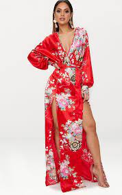 Shop kimono longue at affordable prices from best kimono longue store milanoo.com. Robe Longue Style Kimono Rouge A Imprime Floral Et Manches Longues Long Sleeve Kimono Maxi Dress Kimono Maxi Dress