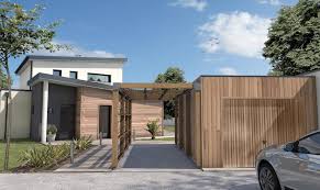Bardage bois extérieur, jardin moderne, et piscine rectangulaire avec plage en pierre et bains de soleil design. Enduit Bardage Bois Zinc Pierre Les Differents Revetements De Facade De Maison Depreux Construction