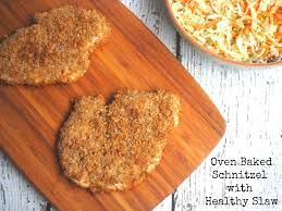 An easy to follow breaded recipe that is easy to put together and tastes delicious. Oven Baked Chicken Schnitzel With Healthy Slaw The Annoyed Thyroid