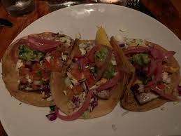 1 red onion (about 12 ounces), halved lengthwise, cut thinly crosswise, 5 whole small jalapeños, 2 cups seasoned rice vinegar, 3 tablespoons fresh lime juice, 1 tablespoon coarse kosher salt, 1/2 cup mayonnaise, 1/2 cup sour cream, 2 tablespoons fresh lime juice, 1 teaspoon (packed). Fish Tacos With Pickled Onions Picture Of Rumfish Y Vino Ventura Tripadvisor