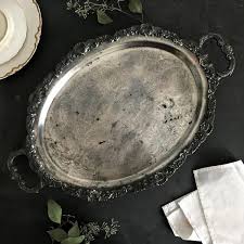 Vintage Tarnished Oval Silverplate Footed Serving Tray With Handles Made By Bristal Poole Silver Epca Silver Serving Trays Serving Tray Tray