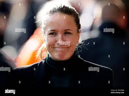 Manchester United manager Casey Stoney speaks with Tara Bourne (right)  following the full-time whistle during the FA Women's Super League match at  Leigh Sports Village. Picture date: Sunday April 25, 2021 Stock