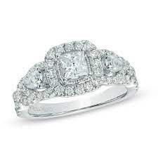 The center stone is approximately half a carat, princess cut … Vera Wang Love Collection 1 1 2 Ct T W Diamond Three Stone Engagement Ring In 14k White Gold Zales Outlet
