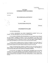 This study examined the generic structure of a legal document, namely, the statement of claim. Statement Of Claim
