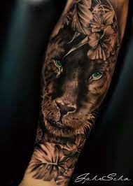 Half sleeve artsy lion watercolor male tattoo. Pin By Megan Mercer On Tattoos Panther Tattoo Leopard Tattoos Animal Sleeve Tattoo