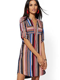 Multicolor Stripe Zip Front Shirtdress New York Company Casual Summer Dresses Summer Dresses Summer Dress Outfits