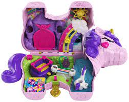 I think i should get off her first. Polly Pocket Unicorn Party Large Compact Playset With Micro Polly Lila Dolls 25 Surprises To Discover Fun Princess Party Play Areas Bouncy House Castle Swings Water Floatie More Buy