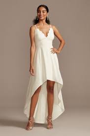 Scalloped V-neck Dress With High Low Hem Davids Bridal Wedding Dresses High Low White High Low Dress Necklines For Dresses