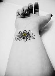 Black And White Daisy Tattoo On Girl Wrist Daisy Tattoo White Daisy Tattoo Tattoos
