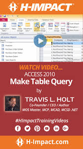 H Impact Video Access 2010 Make Table Query Microsoft Access 2010 Enables Users To Create A Query Using The A Query Design Wi Training Topics Access Query