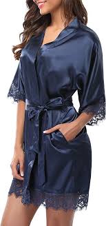 Giova Women S Lace Trim Kimono Robe Nightwear Nightgown Sleepwear Satin Short Robe Navy Blue S At Amazon Women S Women Silk Robe Silk Dressing Gown Night Gown