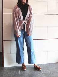 りな apres jourのカーディガンを使ったコーディネート wear カーディガン デニムワイドパンツ ラベンダー色