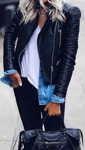 Layers White Tee Denim Shirt Leather Biker Jacket Spring Street Style Fashion Jacket Outfits Leather Jacket Outfits