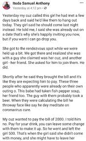 This morning i received a note from a colleague to tell me that their mother died last night and that they couldn't do our scheduled call. Postsubman On Twitter Man Recounts How A Lady His Cousin Went On A Date With Brought Her Extended Family Members Expect Him To Pay Bills Of What They Had Before He