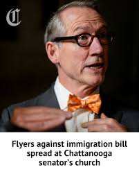 Flyers against legislation sponsored by a Chattanooga senator were  disseminated to congregants attending a service at the lawmaker's church  Sunday. State Sen. Bo Watson, R-North Chattanooga, is the sponsor of senate  bill