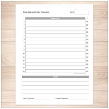 Daily Nanny Duties Checklist Sheet Printable Task List Checklist Nanny