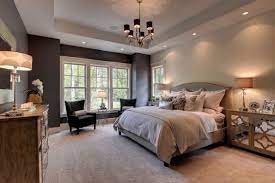 Dark blue grass cloth walls and drapery in an abstract watery blue and ivory pattern lend softness to the space. 20 Master Bedroom Design Ideas In Romantic Style Master Bedroom Design Bedroom Design Home