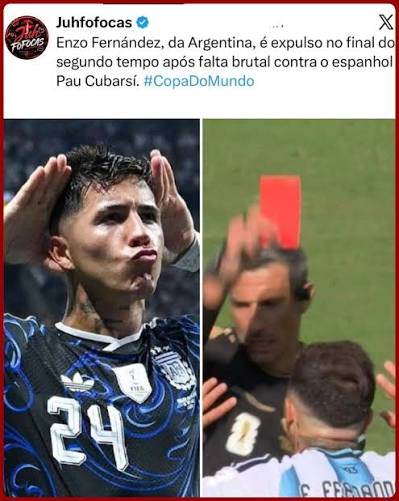 ARGENTINA COM UM A MENOS! 🇦🇷 Enzo Fern&aacute;ndez deixa a perna em dividida com Cubars&iacute; e recebe o segundo cart&atilde;o amarelo. Expulso! 📷 Getty Images # argentina #espanha #copadomundo #futebol