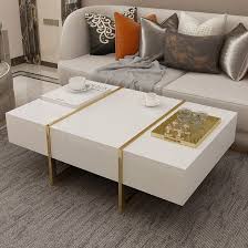 Rectangular Coffee Table White Black Coffee Table With Drawers Table With Storage Gold Metal In 2020 Gold Coffee Table Coffee Table White Black Coffee Tables