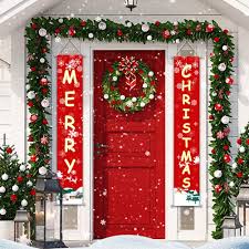 Amazon Com Merry Christmas Banner Large Size Front Door Porch Xmas Hanging Sign Decor Christmas Winter Party Wall Supplies New Year Outdoor Indoor Christmas Decorations Red Health Personal Care