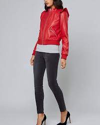 Feminine Fashion Ruffled Red Leather Bomber Jacket For Ladies Leather Bomber Jacket Women Leather Bomber Jacket Coats Jackets Women