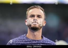 Tottenham Hotspur's James Maddison warming up before the pre-season  friendly match at the Tottenham Hotspur Stadium, London. Picture date:  Sunday August 6, 2023 Stock Photo