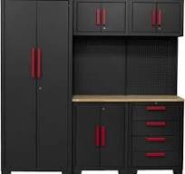 TCE Garage Cabinet Storage System with Lockers,Shelves and Wood Workbench,  76.8" L×18.5" W×75.79" H, Black/Grey