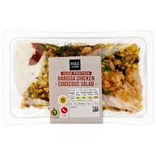 Pasta salad layered with cucumber, tender chicken breast pieces, carrots, sweetcorn, smoked bacon and mayonnaise. M S Harissa Chicken Couscous Salad Ocado