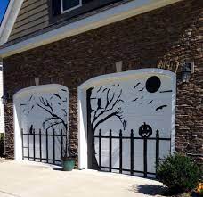 Halloween Garage Door Decorated Using Black Contact Paper With Tree Fence Bat Cat And Pu Halloween Garage Halloween Door Decorations Halloween Garage Door