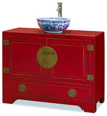 The wooden vanity countertop runs straight on as bathtub panelling and continues all the way up the wall. Chinese Ming Style Red Cabinet Asian Bathroom Vanities And Sink Consoles By China Furniture And Arts