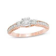 1 2 Ct T W Diamond Three Stone Vintage Style Engagement Ring In 10k Rose Gold