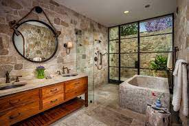 It's not really a surprise that beige is a very popular color for mediterranean style primary bathrooms. Romanesque Villa At The Strand Oatman Architects Mediterranean Bathroom Bathroom Design Bathroom Stone Wall
