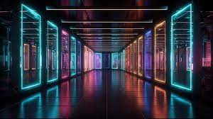 Neon Color Neon Lit Dark Hallway Background, 3d Illustration Interior Of  Futuristic Building Square Shaped Dark Corridor With Colorful Neon Lamps  Reflecting In Mirrored Glass Walls, Hd Photography Photo, Wall Background  Image