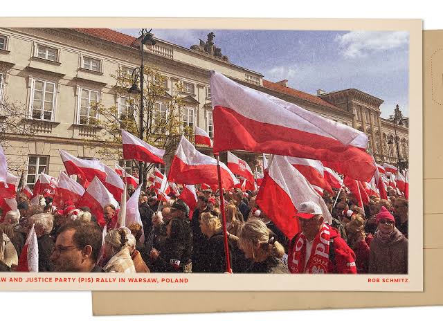 Polish flag flying alongside security personnel in Warsaw, representing the nation's efforts to thwart foreign intelligence plots.