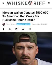 Helping out his community and his neighbors.  https://www.whiskeyriff.com/2024/09/30/morgan-wallen-donates-500000-to-american-red-cross-for-hurricane-helene-relief/