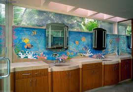 This guest bathroom was repeat stencilled along freehand waves with fish, shells and other sea life. Fish Bathroom Decor Home Design Fish Bathroom Decor For Your Kids Bathroom