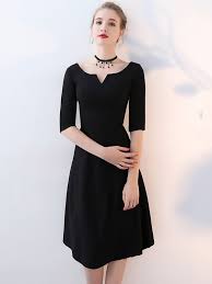Black Notch Neck A Line Midi Dress With Sleeve Metisu Black Knee Length Dress Party Dresses With Sleeves Black Dress With Sleeves